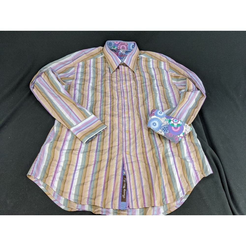 Robert Graham Flip Cuff Striped Floral Abstract Colorful Casual Dress Shirt Sz L